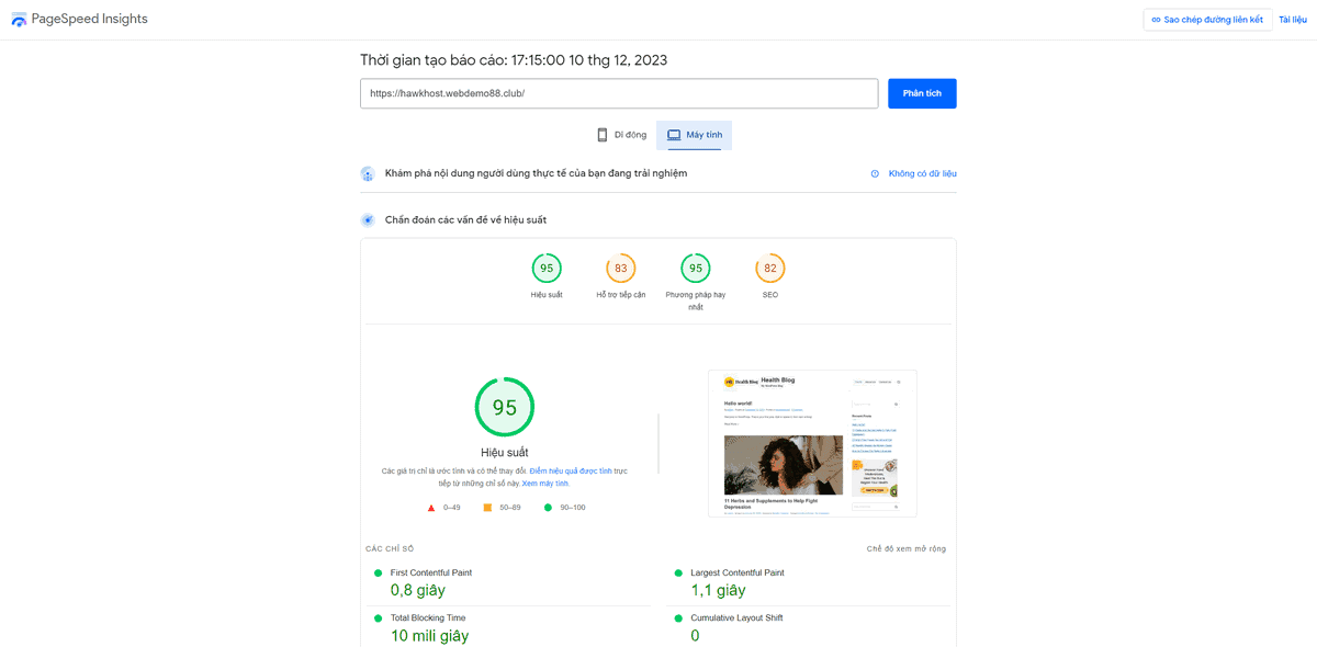đánh giá hawkhost hosting bằng google pagespeed insights