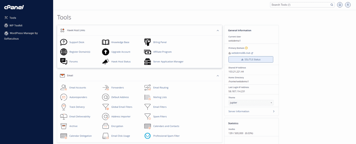 giao diện cpanel của hosting hawkhost