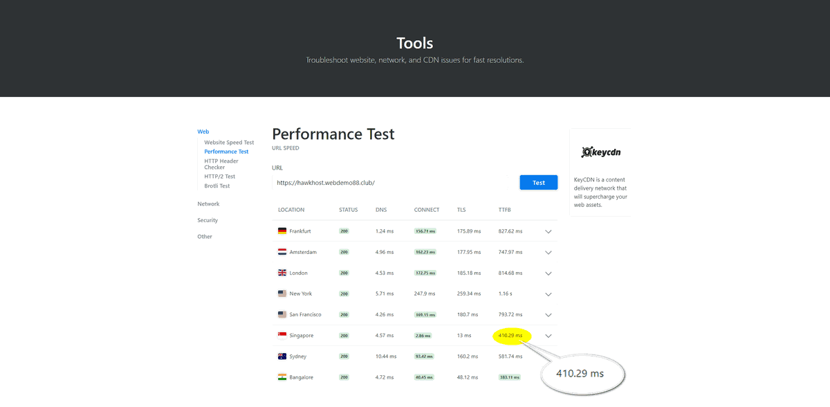 kiểm tra tốc độ phản hồi hosting hawkhost bằng keycdn tool