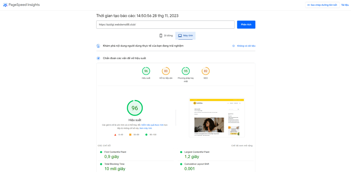 review azdigi hosting bằng công cụ pagespeed insights