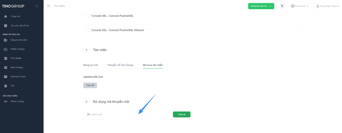 copy mã giảm giá tinohost mình đã cung cấp và nhập vào