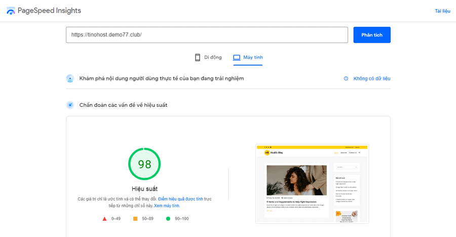 kiểm tra tốc độ google pagespeed insights hosting tinohost
