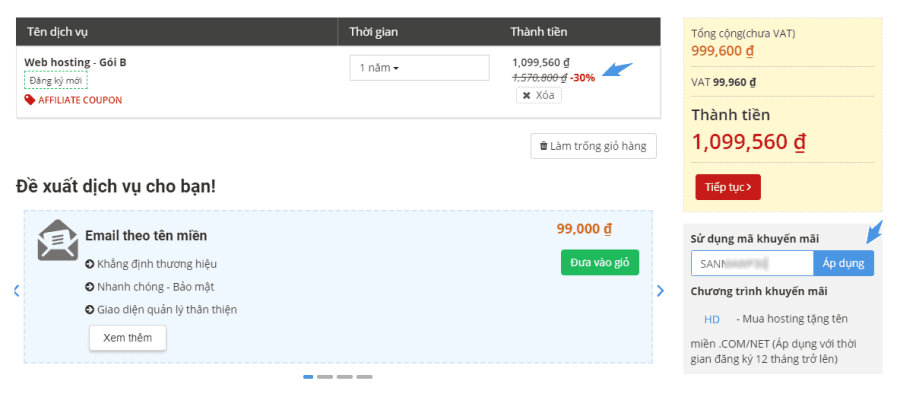 áp dụng mã giảm giá inet thành công