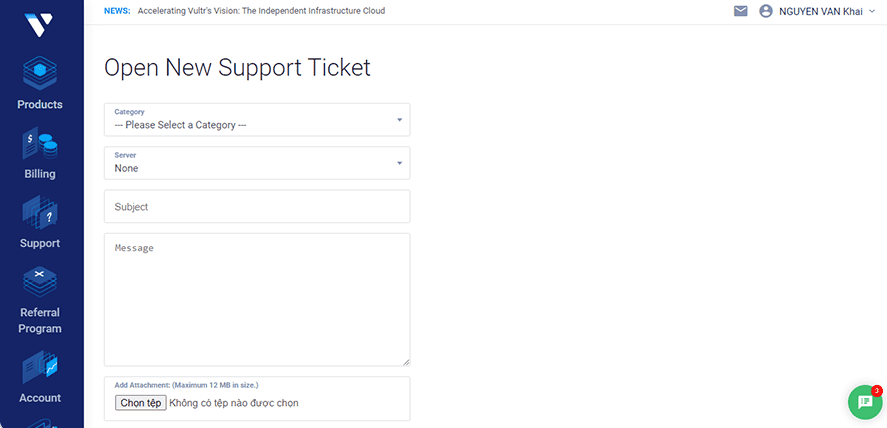 cách nhận hỗ trợ ticket vultr