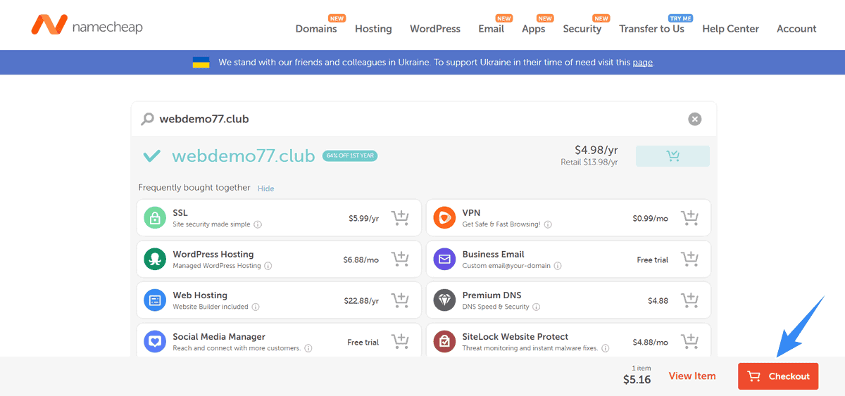 chọn checkout để tiến hành thanh toán namecheap