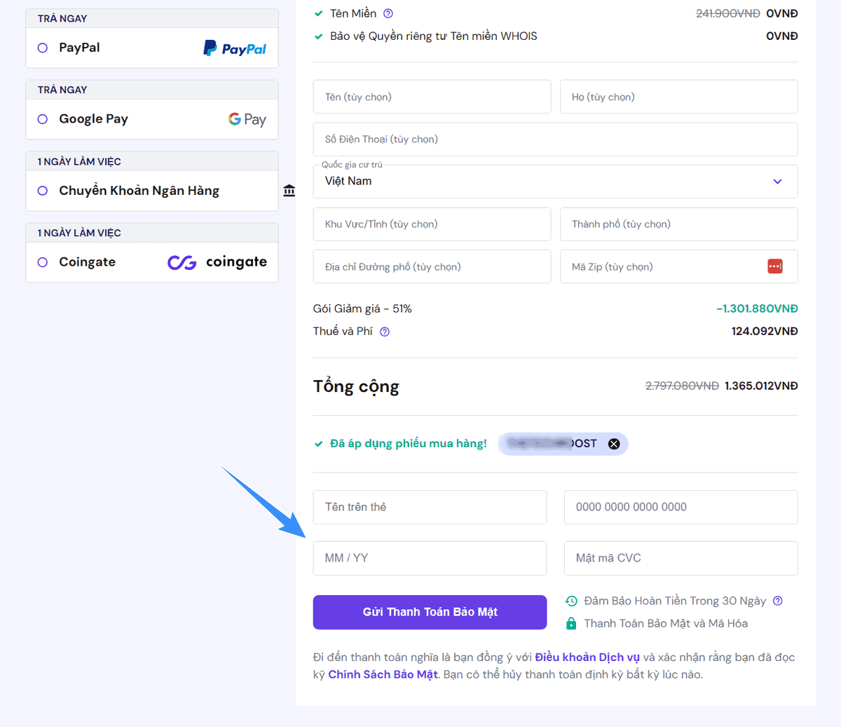 cuối cùng hoàn tất thanh toán cho hostinger