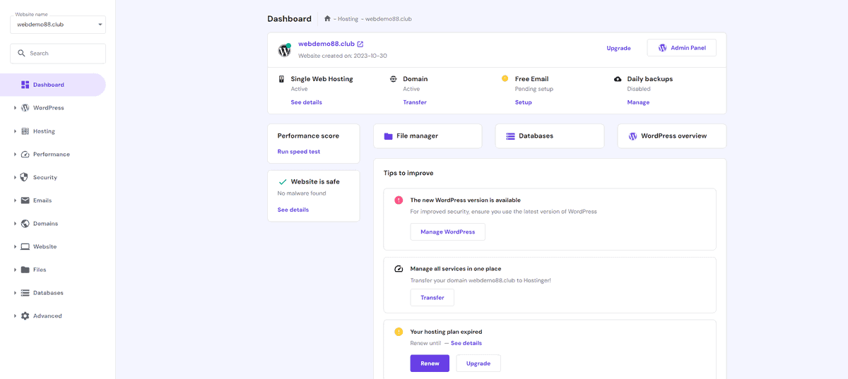 giao diện hpanel của hostinger