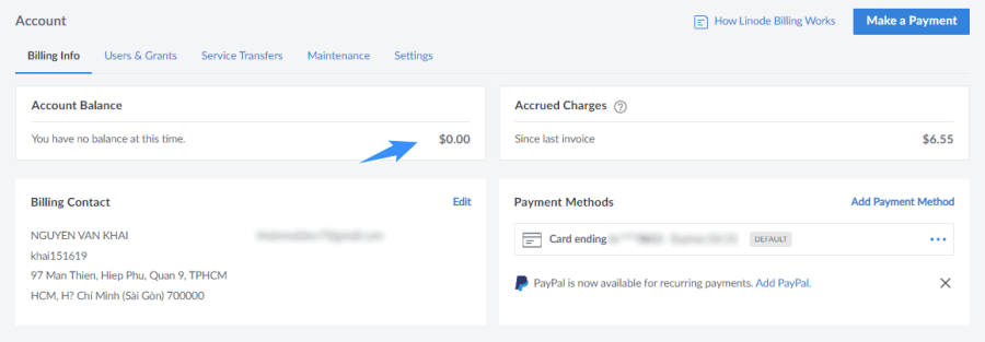 kiểm tra số dư khi nhận coupon linode