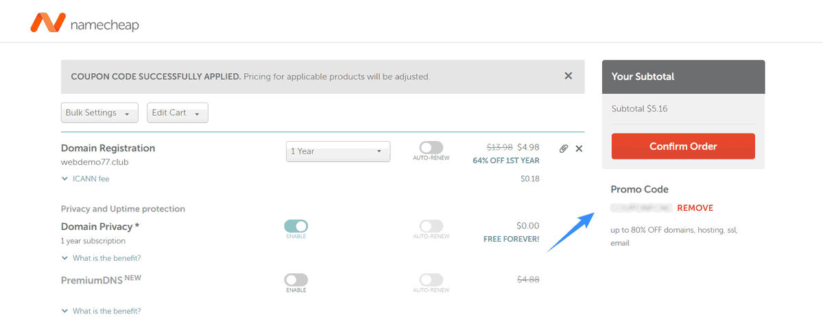 nhập namecheap coupon thành công