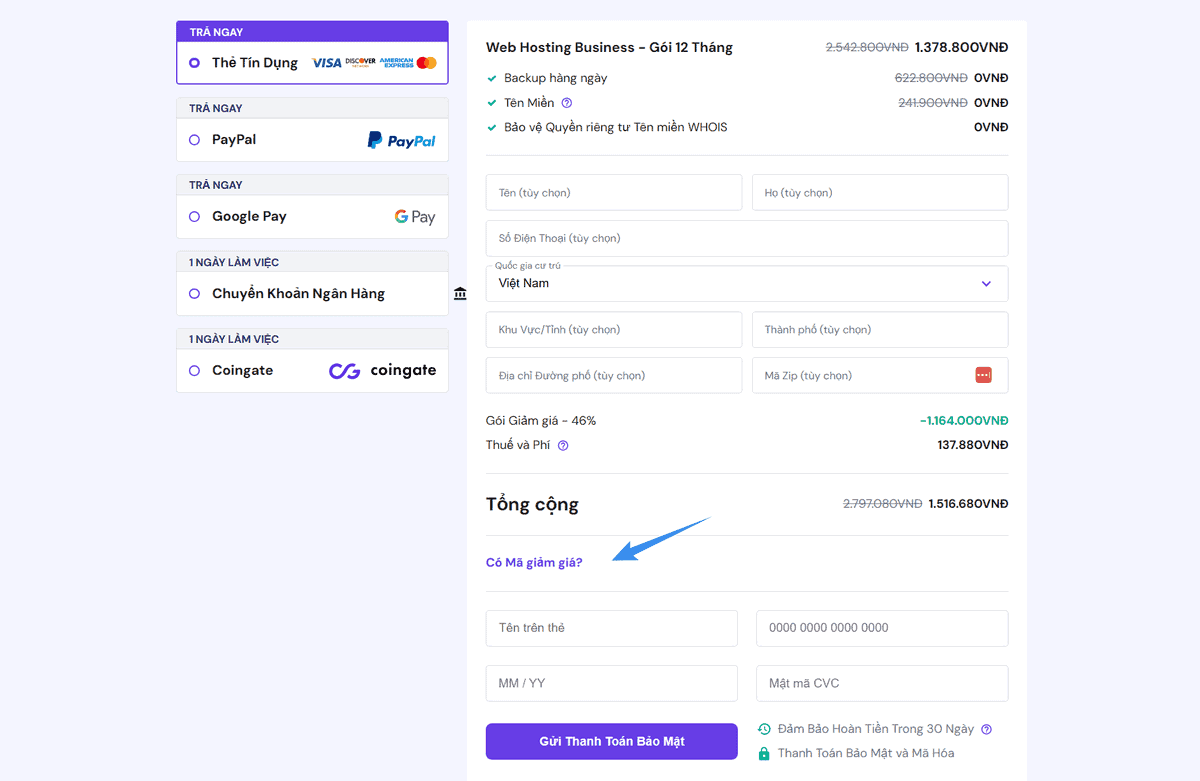 phần có mã giảm giá trên hostinger