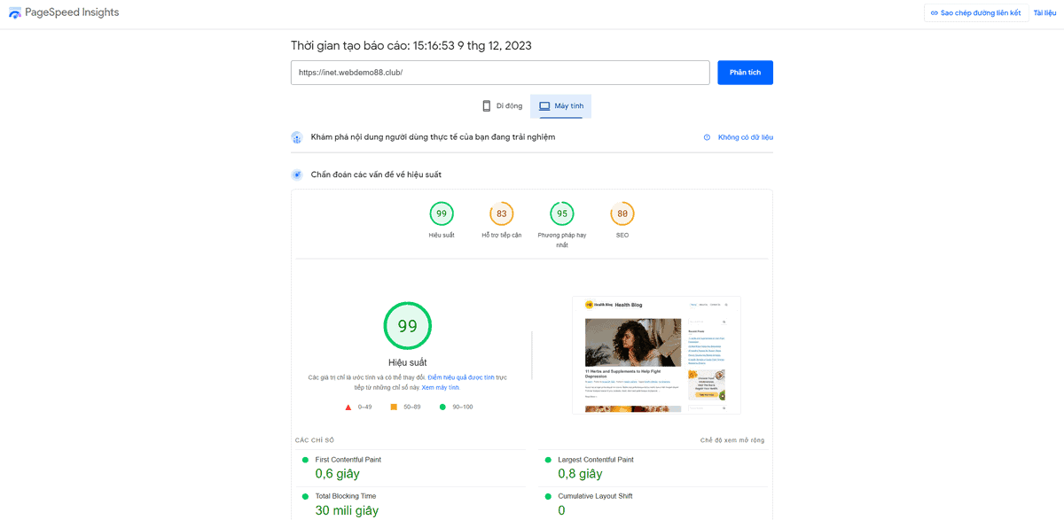 test tốc độ one hosting inet trên pagespeed insights