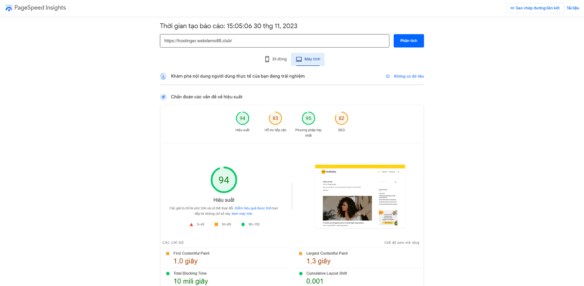 test tốc độ tải trang của hostinger bằng pagespeed insights
