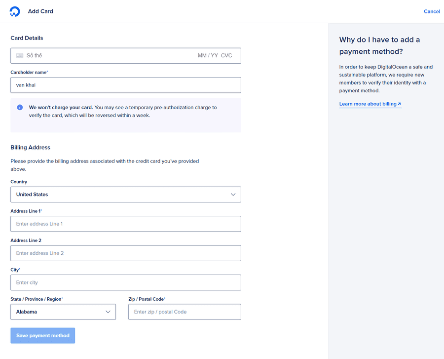 xác thực tài khoản digitalocean