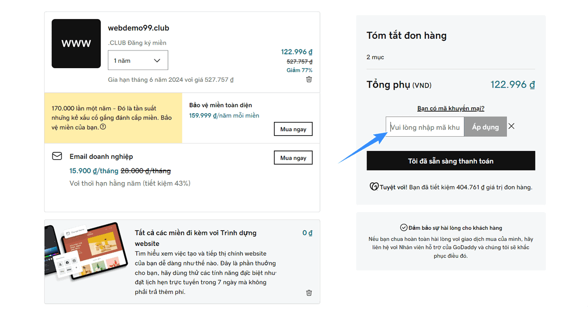 nhập godaddy coupon và hoàn tất thanh toán