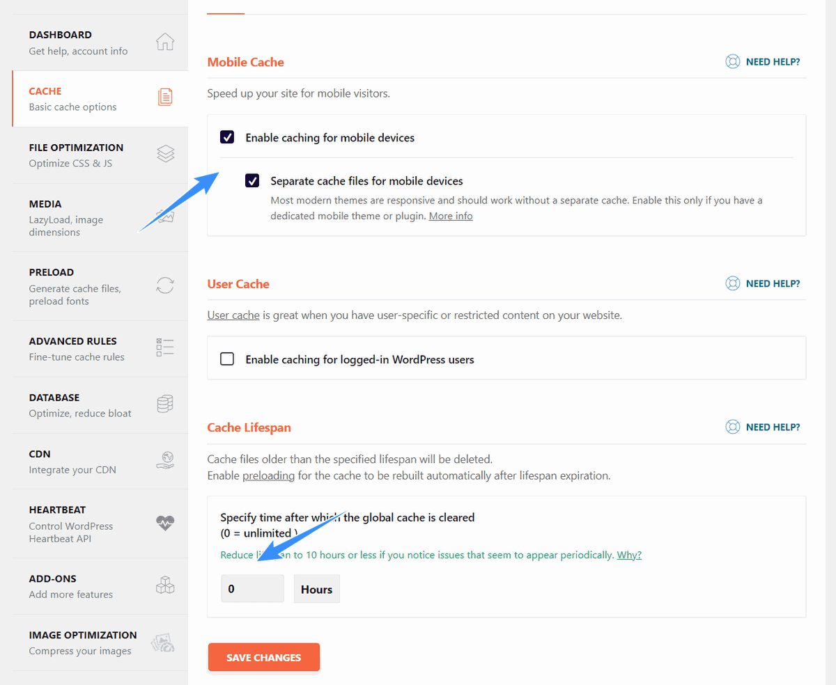 cấu hình tính năng cache của wp rocket