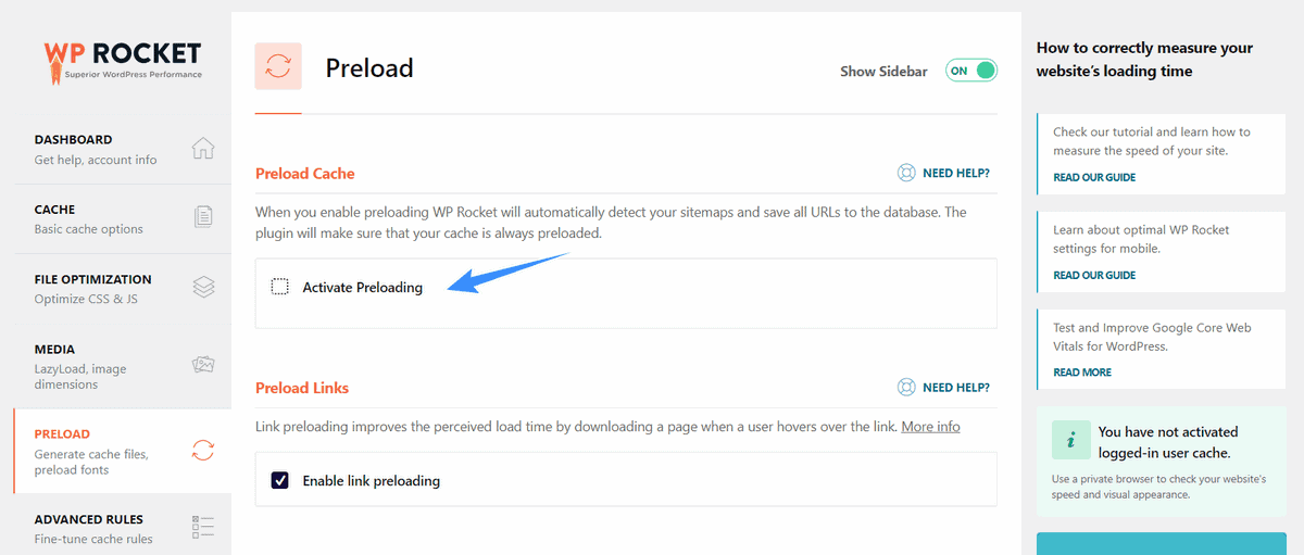 tắt tính năng preload ở wp rocket