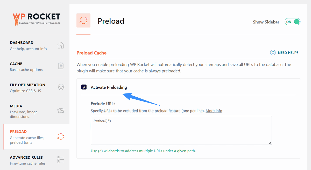 tính năng preload cache wp rocket