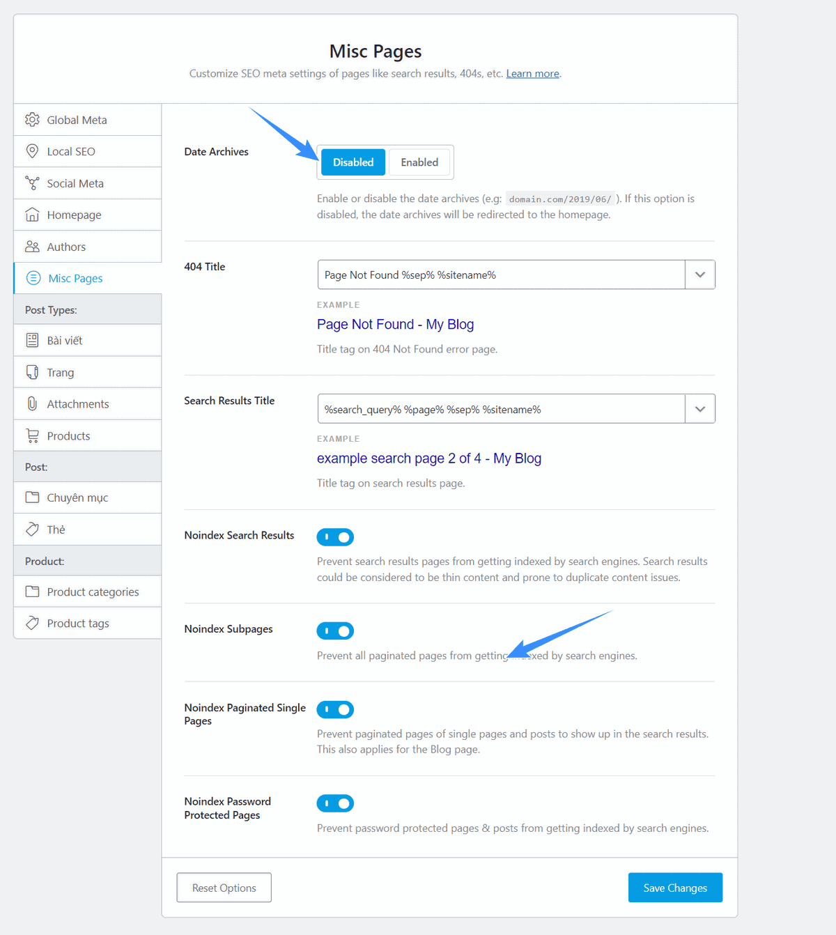 thiết lập misc pages rank math seo