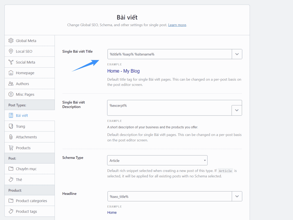 thiết lập title và meta cho bài viết trên rank math seo