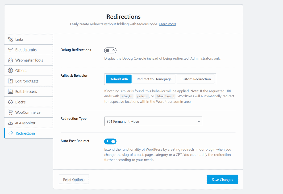 tính năng redirections trên rank math seo