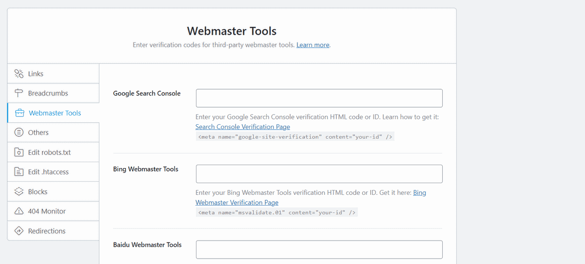 tính năng xác minh webmaster tool rank math seo