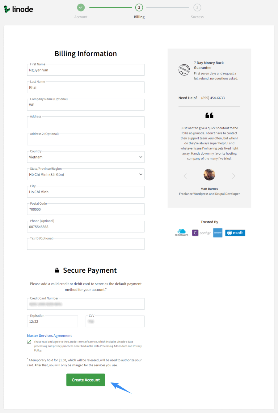 điền các thông tin linode coupon