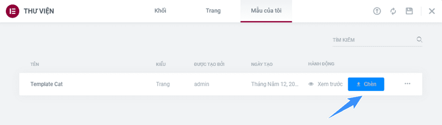 chọn mẫu và chọn template cho elementor pro