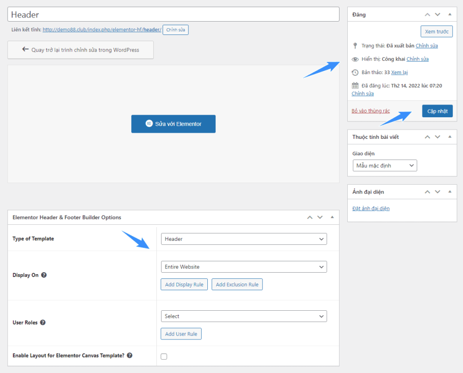 lưu các thiết lập header và footer elementor