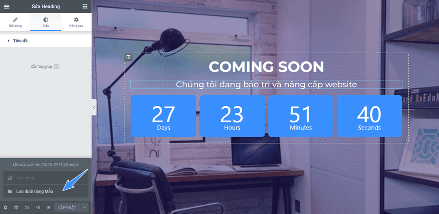 lưu template coming soon cho elementor