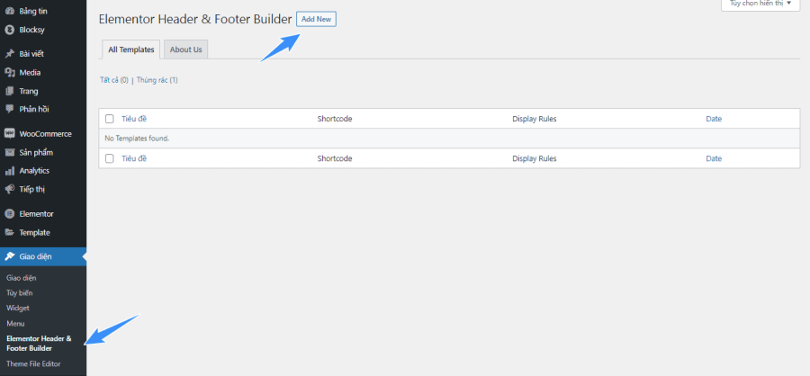 thêm header bằng plugin elementor header and footer builder