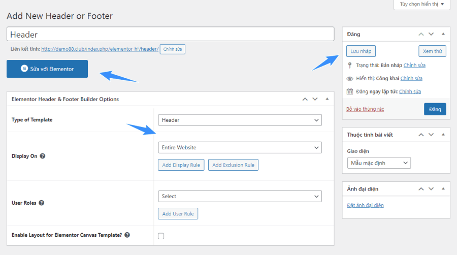thiết lập cài đặt cho elementor header and footer builder