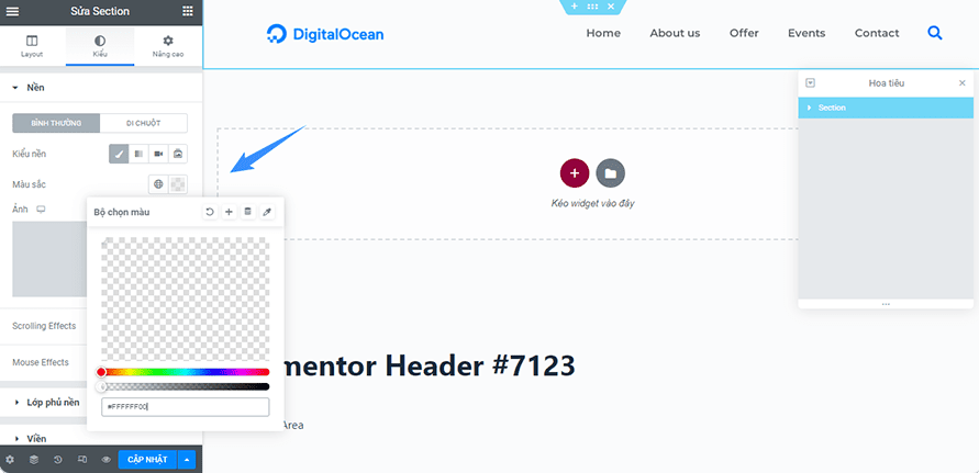 tùy chỉnh transparent header elementor