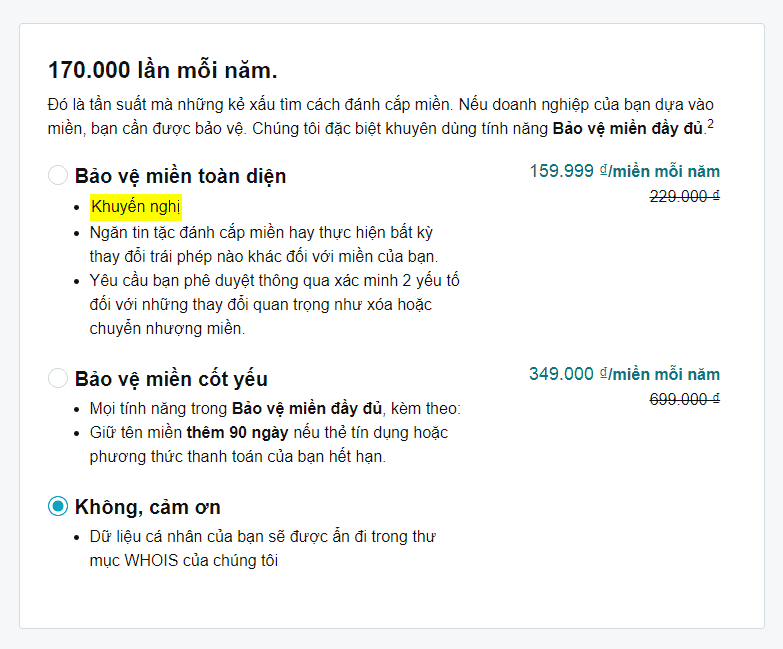 các gói bảo vệ tên miền godaddy