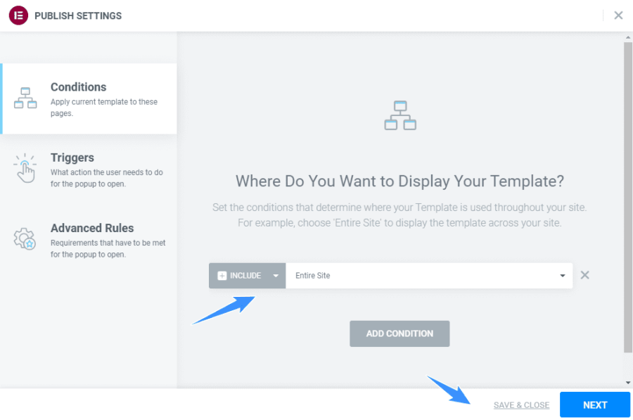 chọn điều kiện hiển thị popup elementor