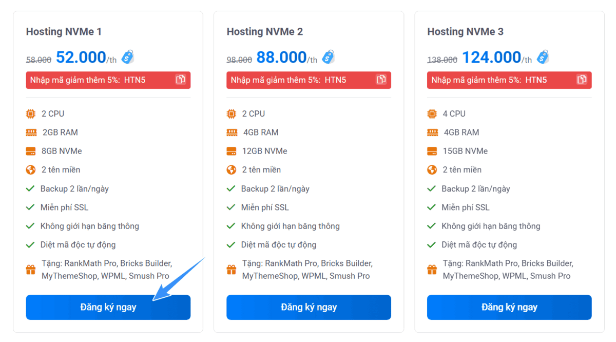 chọn gói nvme hosting giá rẻ tại vietnix