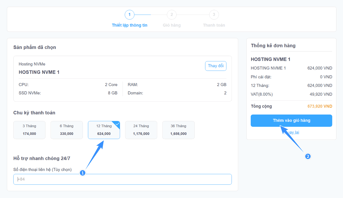 chọn thời hạn 12 tháng để mua hosting vietnix