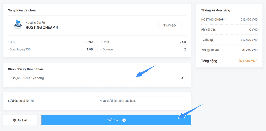 chọn thời hạn hosting vietnix và ấn tiếp tục