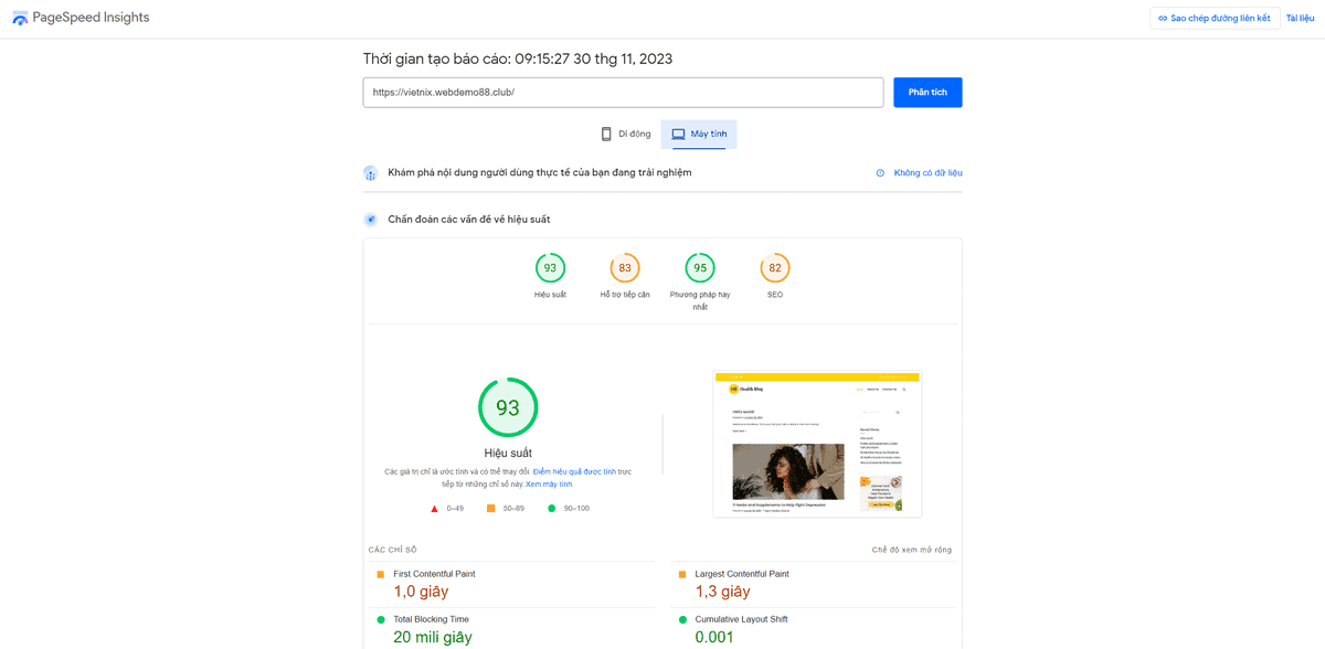 kiểm tra nhanh tốc độ hosting vietnix bằng google pagespeed insight