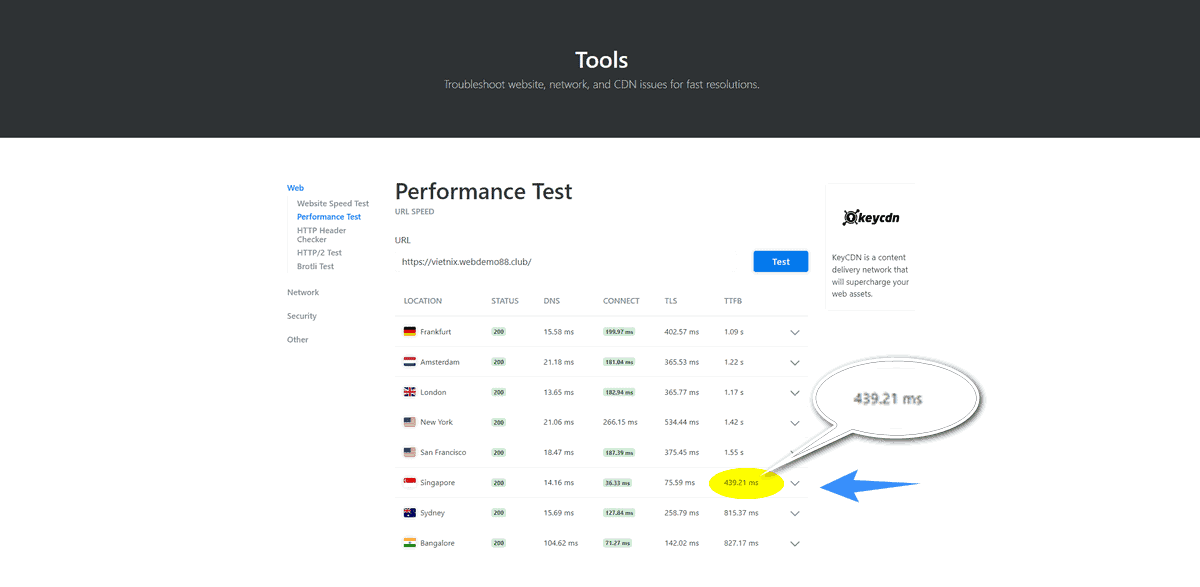 kiểm tra phản hồi của hosting vietnix bằng keycdn tool