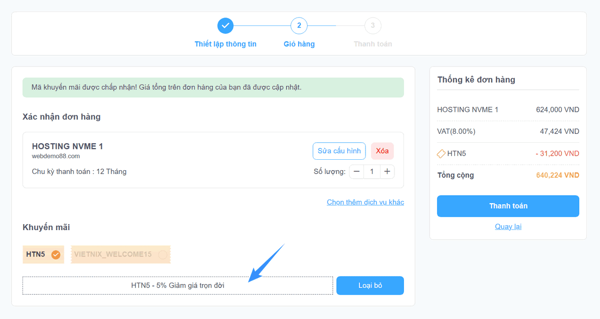 nhập mã giảm giá vietnix thành công