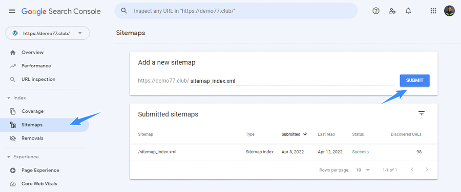 nhập sitemap yoast seo vào google search console