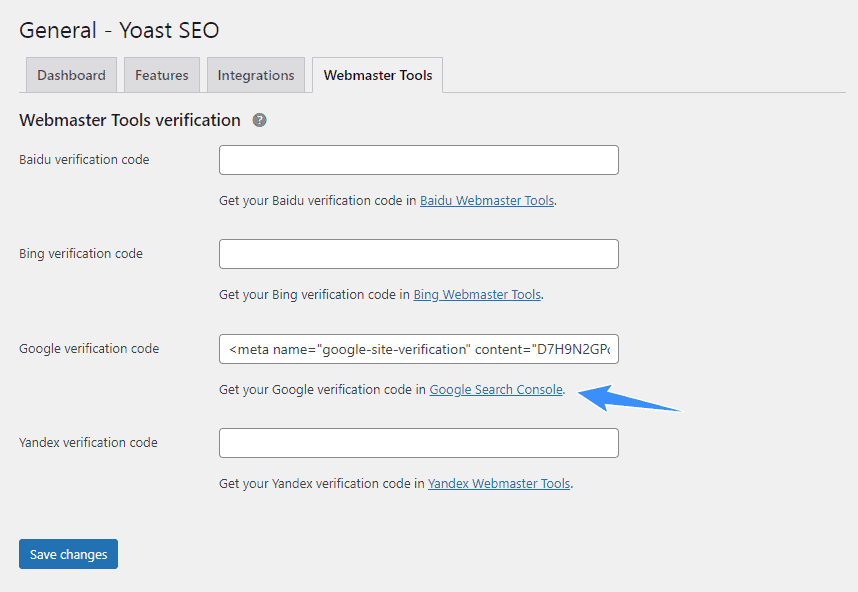xác minh công cụ tìm kiếm yoast seo
