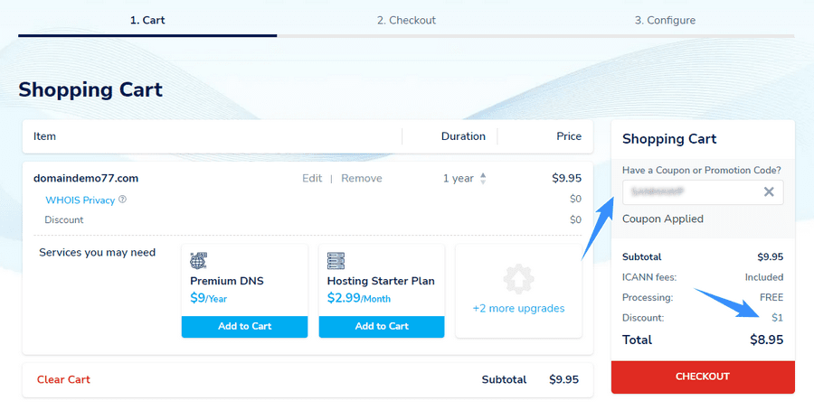 nhập mã namesilo coupon thành công