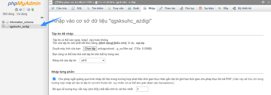 bắt đầu nhập database vào hosting mới