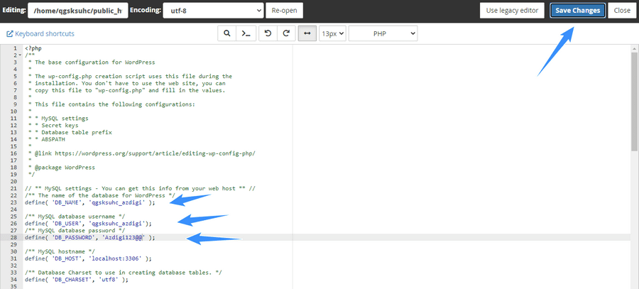 chỉnh sửa các thông tin trên file wp-config