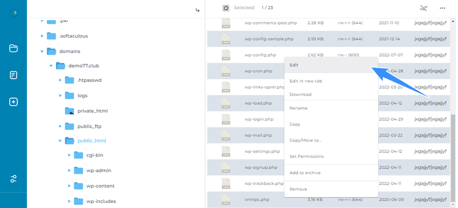 chọn edit file wp-config directadmin