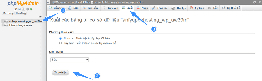 chọn toàn bộ database và xuất