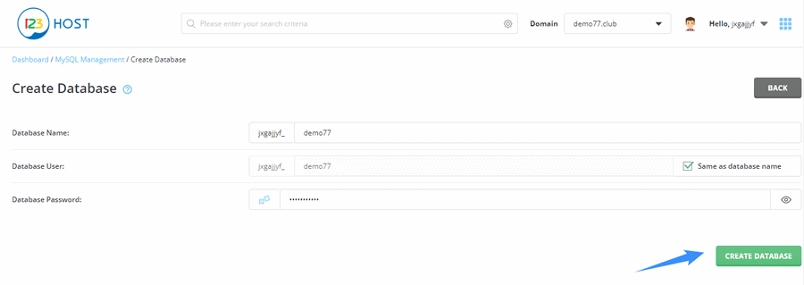 điền thông tin và tạo mới database directadmin