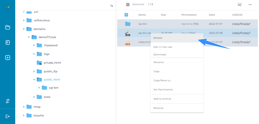 giải nén mã nguồn website vừa tải lên directadmin