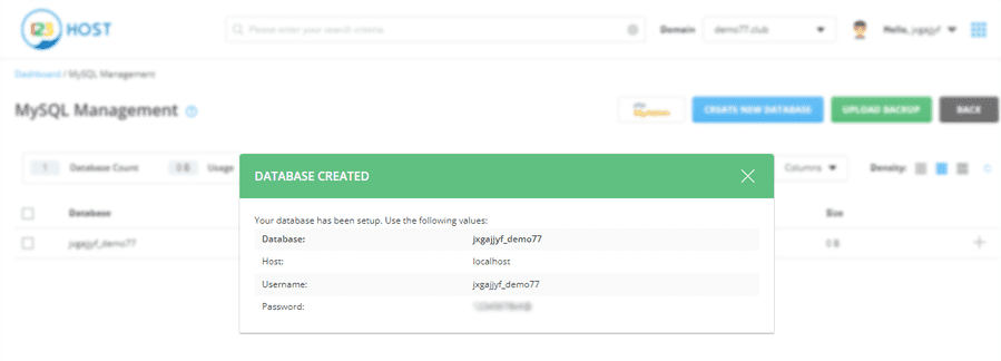 lưu lại các thông tin database direct admin